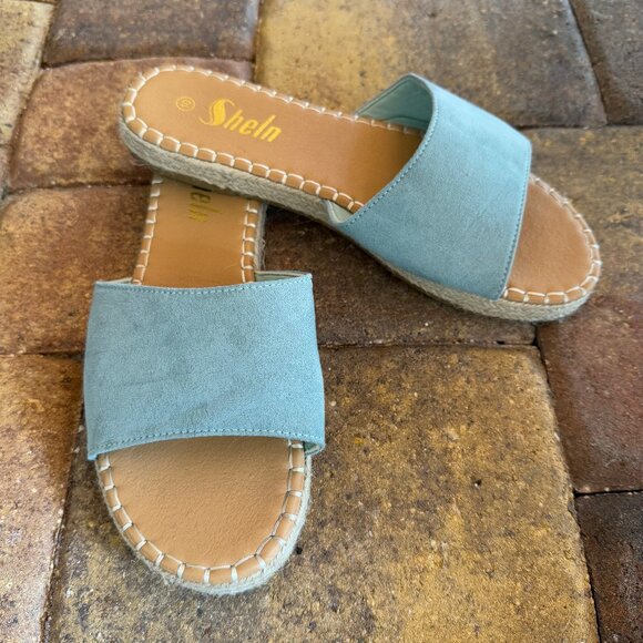 Shein Blue Faux‎ Suede Slides Rattan Like Sides Size 10 - Picture 1 of 8